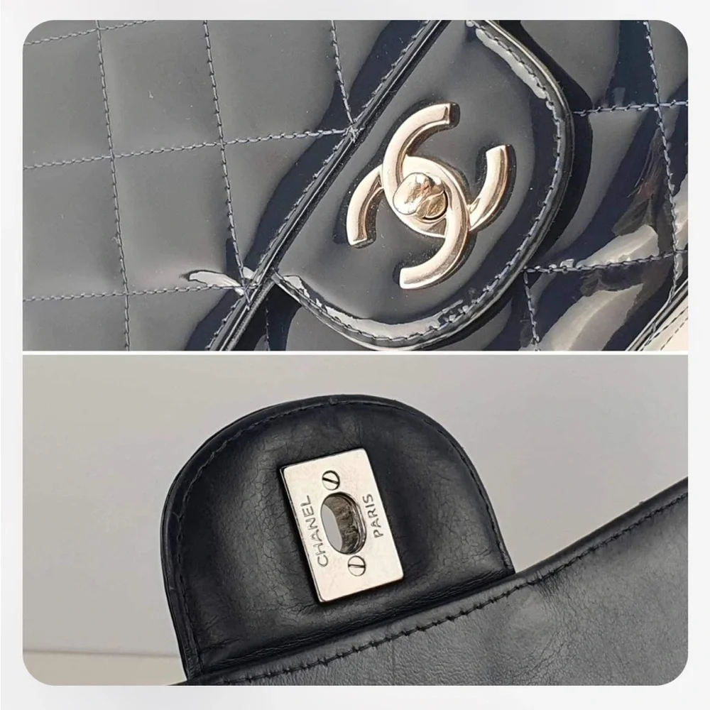 Chanel Navy Quilted Patent Leather Jumbo Maxi Bag - Picture 8 of 13